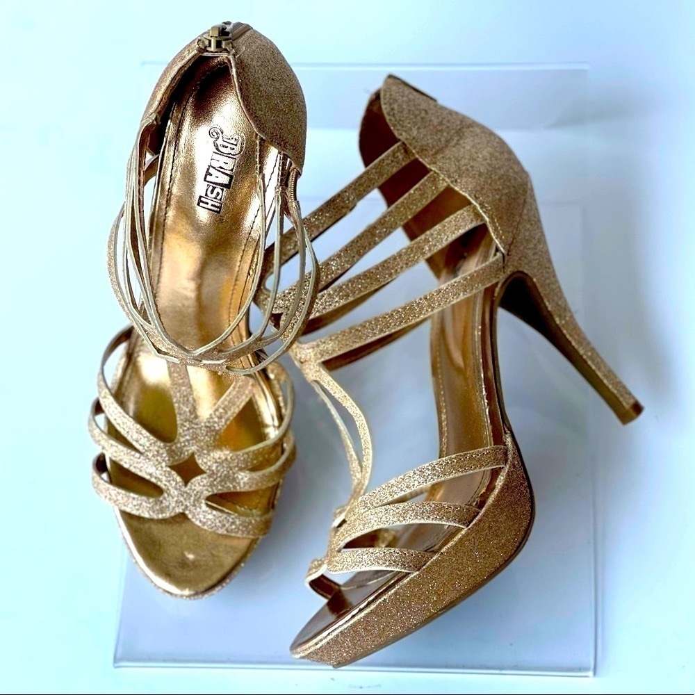 Brash Glitter Gold Heels Pumps Stilleto Prom Bridesmaid Heels Shoes, Sz 9